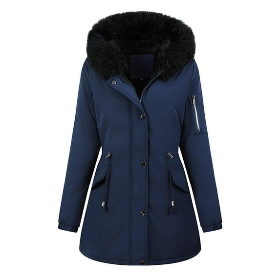 Womens Winter Parka Coat Warm Fleece Lined Hooded Parka Jacket with Fur Trim Zipper Thicken Long Trendy Overcoat Blue, M
