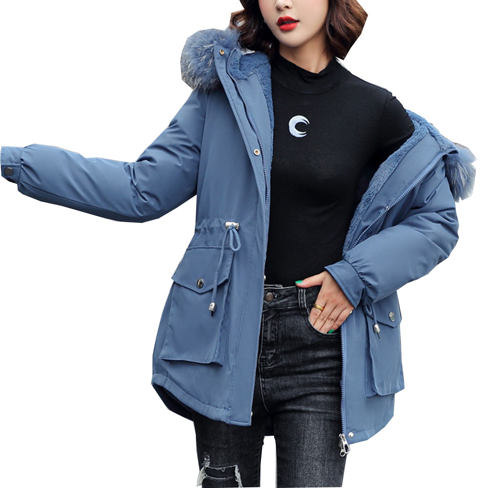 Womens Winter Parka Coats with Faux Fur Hood Thickened Warm Fleece Lined  Padded Down Puffer Jacket with Pockets
