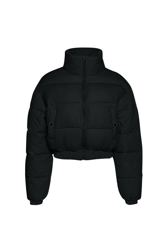 Womens Winter Plus Size Coats Solid Cropped Puffer Quilted Zip UP Puffy Bubble Stand Up Collar Zipper Elastic Black Outerwear Jacket (M)