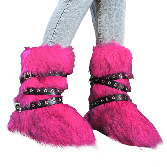 Womens Winter Plush Boots Trendy Buckle Strappy Round Toe Comfy Warm Short Outdoor Indoor Flat Shoes Mid Calf Booties
