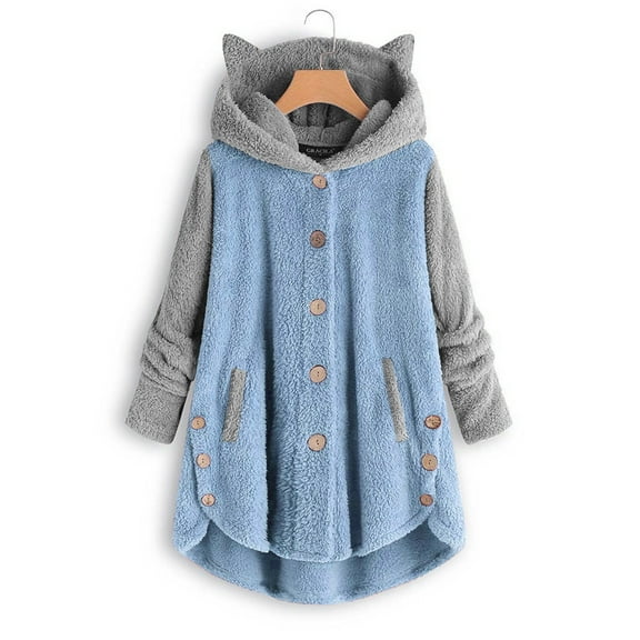 Womens Winter Plush Coat Usmixi Womens Fleece Overcoats Fashion Color Block Button Down Cute Cat Ear Hooded Sweatshirt Coats Irregular Hem Plus Size Pocket Outwear 2023 Coats