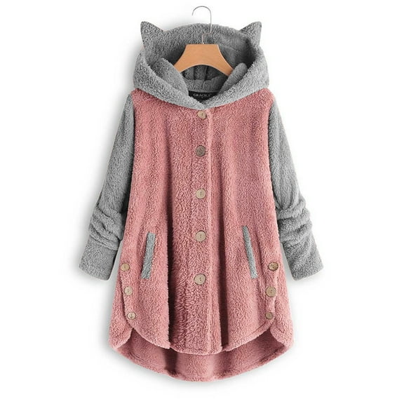 Womens Winter Plush Coat Usmixi Womens Fleece Overcoats Fashion Color Block Button Down Cute Cat Ear Hooded Sweatshirt Coats Irregular Hem Plus Size Pocket Outwear 2025 Coats