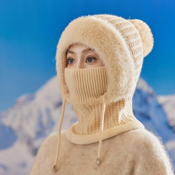 Womens Winter Plush Hat with Scarf Integrated Warm And Cold With Thick Velvet Knit Pullover And Woolen Hat