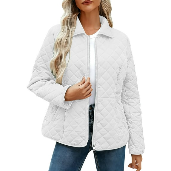 Womens Winter Quilted Jackets Long Sleeve Full Zip Up Diamond Puffer Jacket Outerwear Coats with Pockets