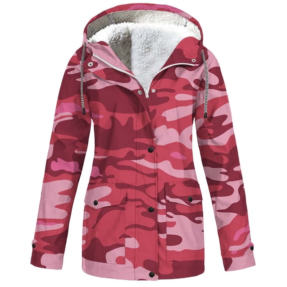 Womens Winter Rain Jacket Hooded Waterproof Camouflage Printed Fleece Thicked Coat Casual Windbreaker with Flap Pockets Raincoat Multicolor S