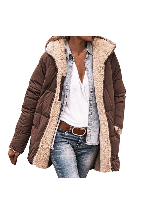 Womens Winter Reversible Padded Down Coats Fleece Sherpa Warm Zipper Hooded Shearling Padded Parka Jackets with Pockets Outerwear Trendy 2025