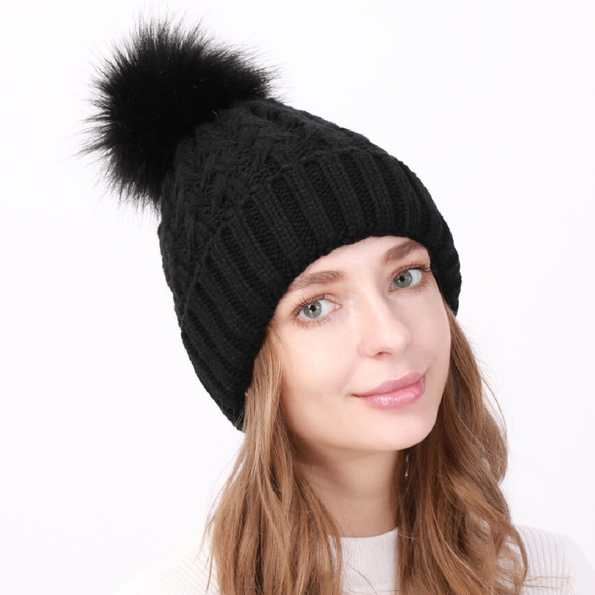 Women\'s Grey Winter Ribbed Beanie Crossed Cap Chunky Cable Knit Pompom Soft Chunky Cable Knit Pom Pom Winter Beanie Hat for Women in  main image 2