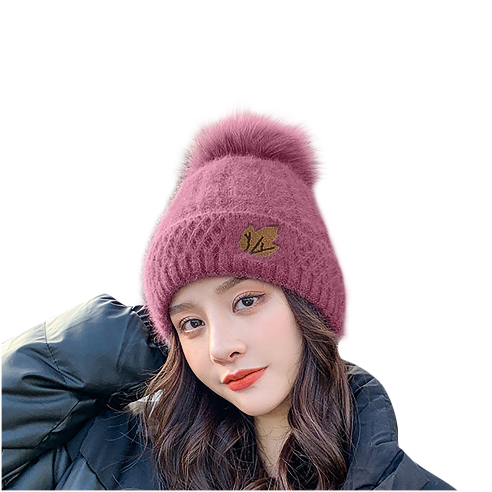 Womens Winter Ribbed Beanie Hat with Faux Furry Pom Thick Warm