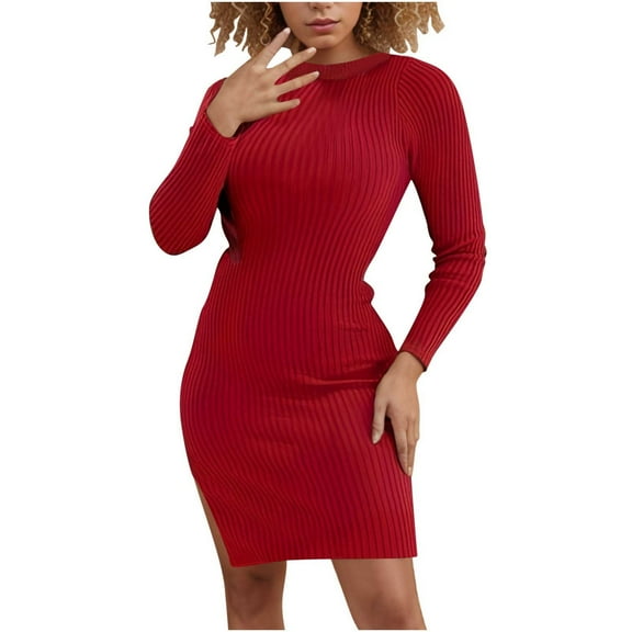 Womens Winter Ribbed Knit Sweater Dress Casual Long Sleeve Fall Dresses Sexy V Neck Bodycon Mini Dress