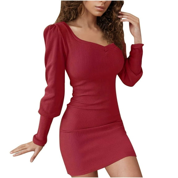 Womens Winter Ribbed Knit Sweater Dress Casual Long Sleeve Fall Dresses Sexy V Neck Bodycon Mini Dress