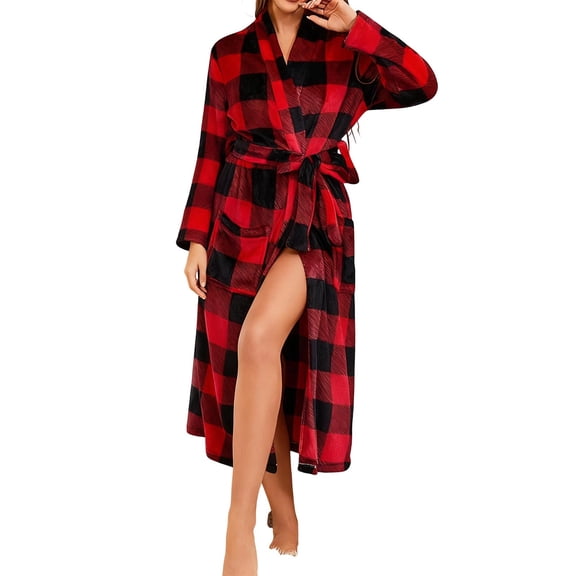 Womens Winter Robes Plush Warm Red Plaid Bathrobe Long Length Flannel Soft Cozy Winter Casual Winter Nightgowns