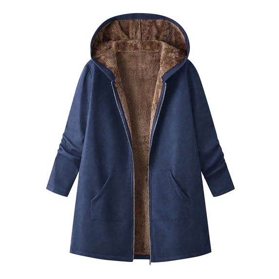Womens Winter Sherpa Lined Coat Full Zip Up Jacket Warm Thick Fleece Hooded Long Sweatshirt Overcoat with Pockets (XL, Navy)