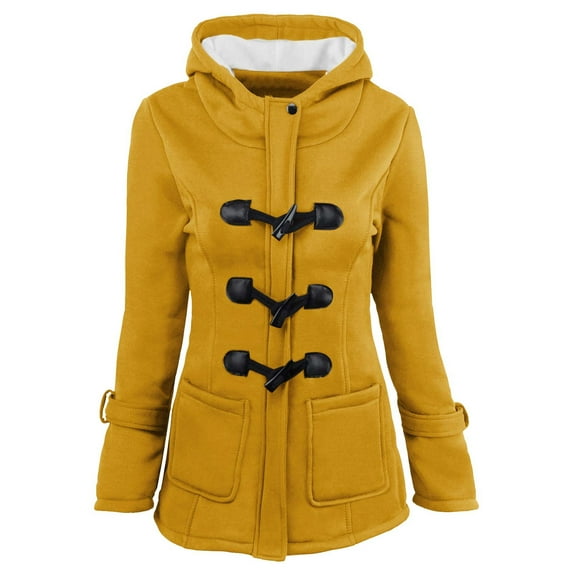 Womens Winter Sherpa Lined Coats Thickened Windproof Warm Jackets Color Horn Buttons Puffer Jacket Outerwear with Fur Hood Overcoats