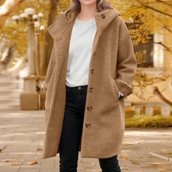 Womens Winter Single Breasted Coat Hooded Casual Oversized Hooded Jacket Trench Coat Overcoat Khaki XL