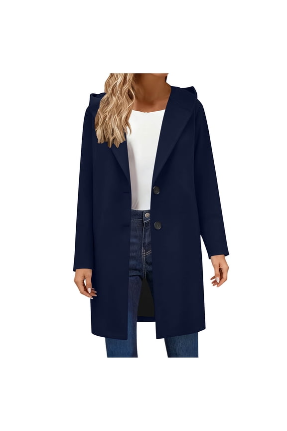 Womens Winter Single Breasted Wool Coat Long Sleeve Notch Lapel Midi Long Winter Trench Coat with Hood