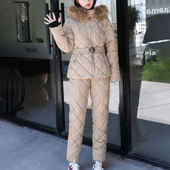 Womens Winter Ski Suit, Two Piece Outdoor Warm Quilted Windproof Snowsuit Fuzzy Hooded Jackets with High Waisted Snowpants Beige XXL