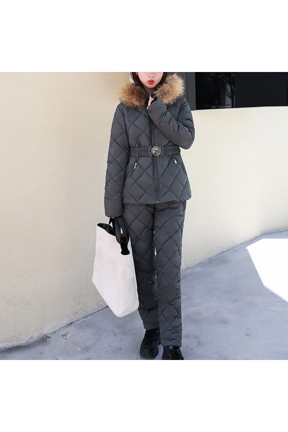 Womens Winter Ski Suit, Two Piece Outdoor Warm Quilted Windproof Snowsuit Fuzzy Hooded Jackets with High Waisted Snowpants Gray XXL