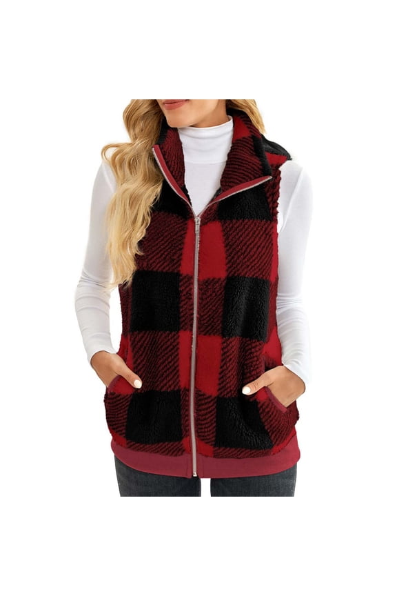 Womens Winter Sleeveless Fleece Top Casual Collar Checkered Lapel Zip Up Jacket Vest Womens Casual Sleeveless Jacket Lightweight Outerwear Vests with Pockets Womens Fall Fashion Travel Vest
