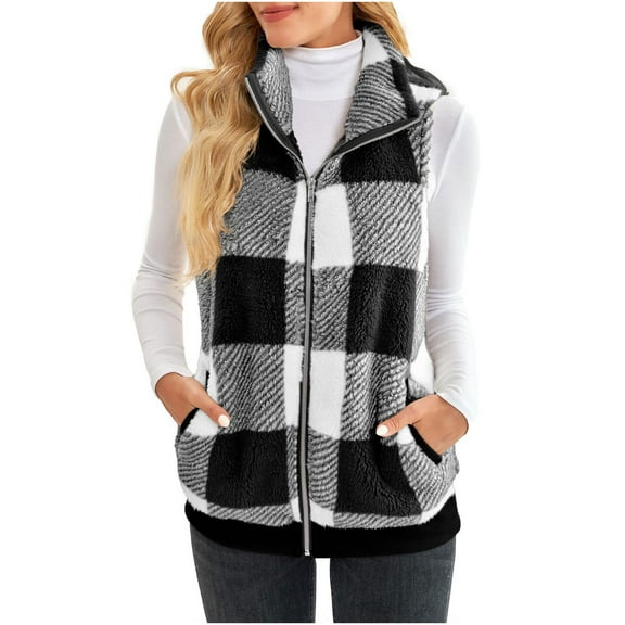 Womens Winter Sleeveless Fleece Top Casual Collar Checkered Lapel Zip Up Jacket Vest Womens Casual Sleeveless Jacket Lightweight Outerwear Vests with Pockets Womens Fall Fashion Travel Vest