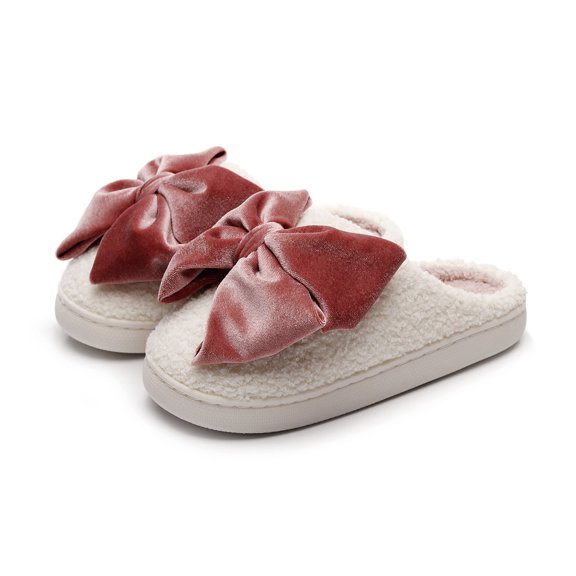 Womens Winter Slippers Casual Slip-on Fleece Flat Slippers Indoor Home Round Toe bow Fall Winter Trendy Warm Shoes