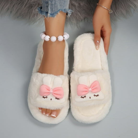 Womens Winter Slippers Flat Heel Open Toe Slip-on Outdoor Indoor House Slipper Winter Warm Home Shoes for Women White 5.5