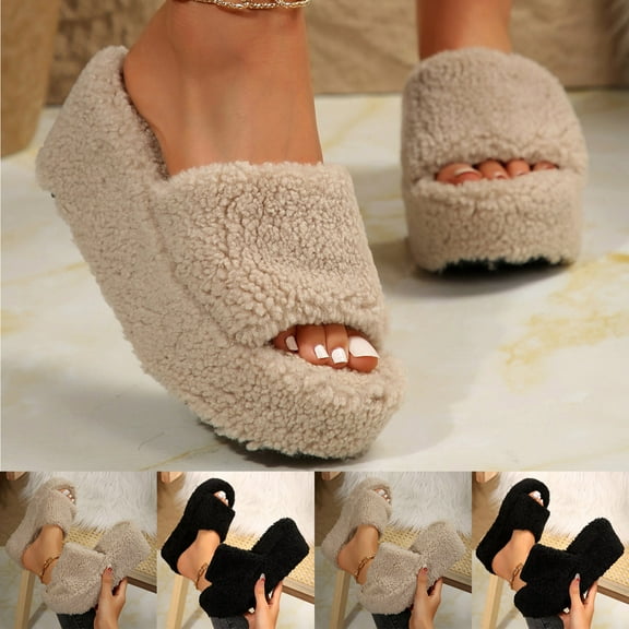 Womens Winter Slippers Outdoor Indoor with Thick Sole Flatform Open Toe Slip-on Flat Shoes Women's Indoor Cute Winter Home Slippers Ladies' Home Furnishing