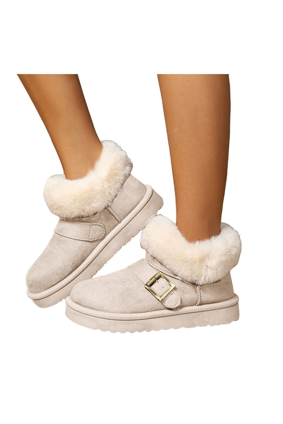 Womens Winter Snow Boots 2025 Fashion Buckle Cozy Warm Fuzzy Fleece Lining Suede Platform Mid Calf Ankle Booties for Cold Weather White Size 8