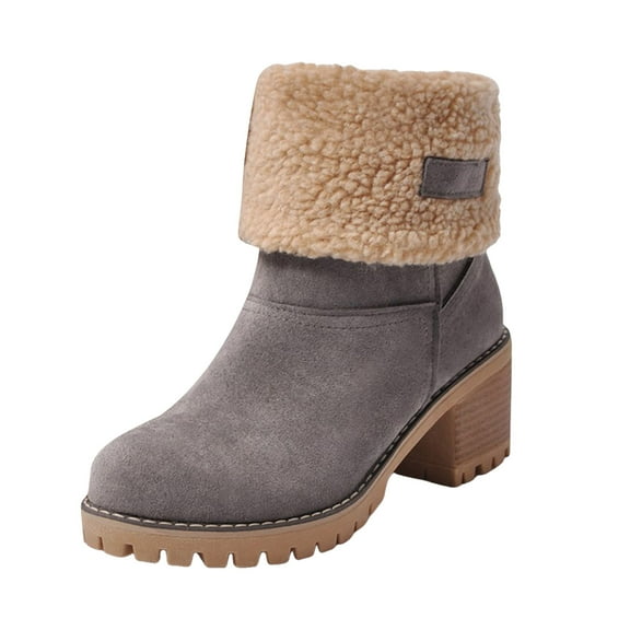Womens Winter Snow Boots with Fleece Lined Cuff Suede Warm Platform Chunky Lug Heels Mid Calf Short Booties