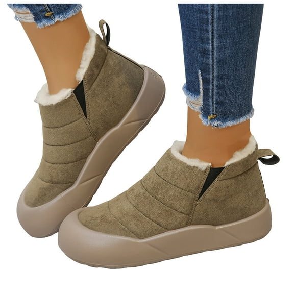 Womens Winter Snow Boots with Protective Toe Fleece Lined Warm Non Skid Slip on Walking Flats Work Ankle Booties Green Size 9