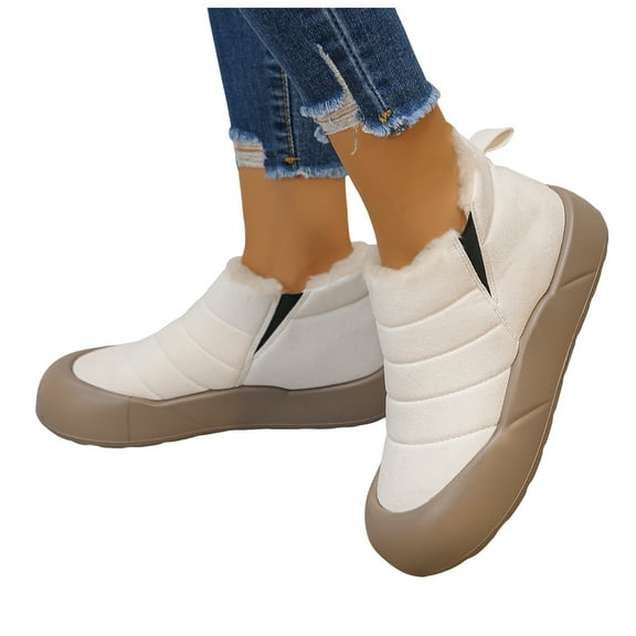 Womens Winter Snow Boots with Protective Toe Fleece Lined Warm Non Skid Slip on Walking Flats Work Ankle Booties White Size 9