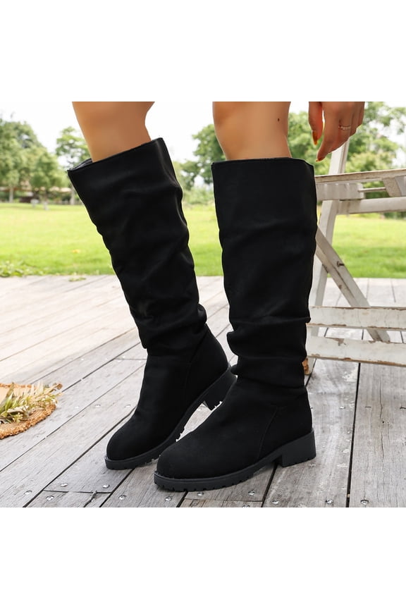Womens Winter Soft Suede Slouch Knee Boots, Round Toe Chunky Low Heel Pull On Ruched Tall Boot, Comfort Wide Shaft Long Riding Boots Black 4.5(35)