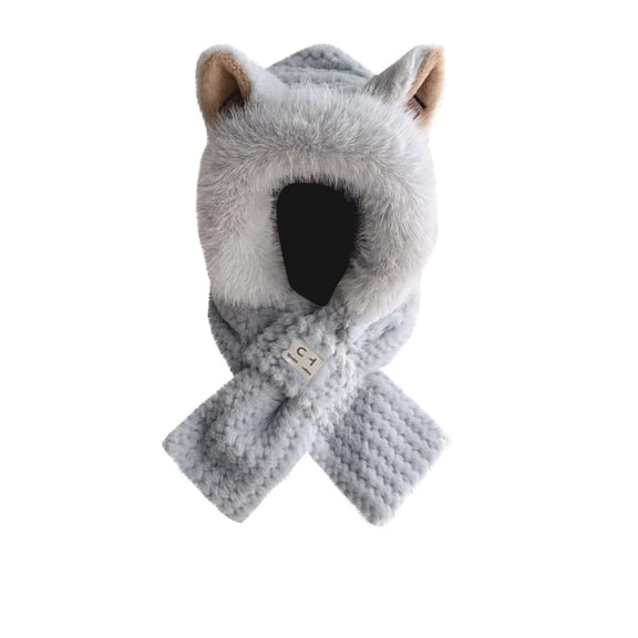 ZQUUVOU Women's Hooded Scarf Winter Solid Color Plush Hat with Ears Scarf Hat 2-in-1 Warm Cold Proof Neck Scarf Earmuffs Hat Gray