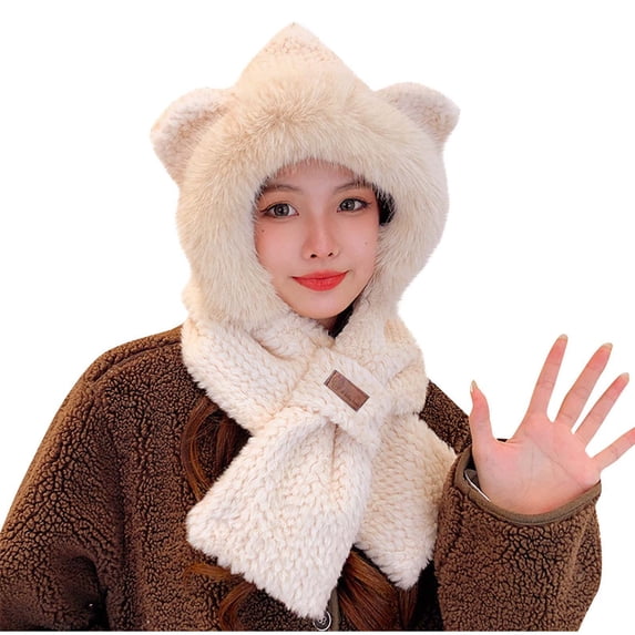 ZQUUVOU Womens Winter Solid Color Plus Velvet Hat Scarf Integrated Warm Cold Proof Neck Scarf Earmuffs Hat B-Beige