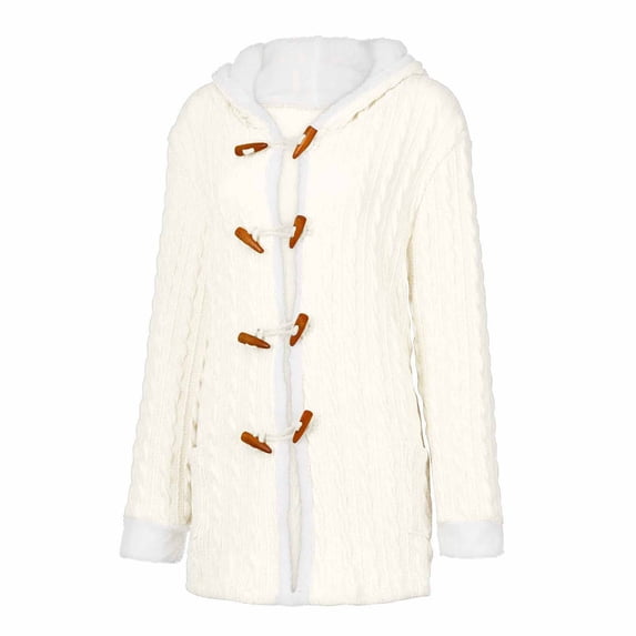 Womens Winter Sweater Coat Usmixi Knitted Sweater Coat for Women Fashion Horn Button Plus Size Hooded Outerwear Long Sleeve Solid Plush Patchwork Sweater Tops Trendy Coats