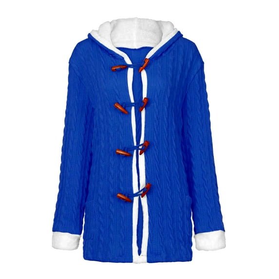 Womens Winter Sweater Coat wycnly Knitted Sweater Coat for Women Fashion Horn Button Plus Size Hooded Outerwear Long Sleeve Solid Plush Patchwork Sweater Tops 2023 Coats