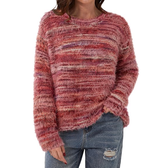 Womens Winter Sweaters Baeitkot Fuzzy Striped Crew Neck Long Sleeve Pullover for Fall Winter Casual Wear Red M