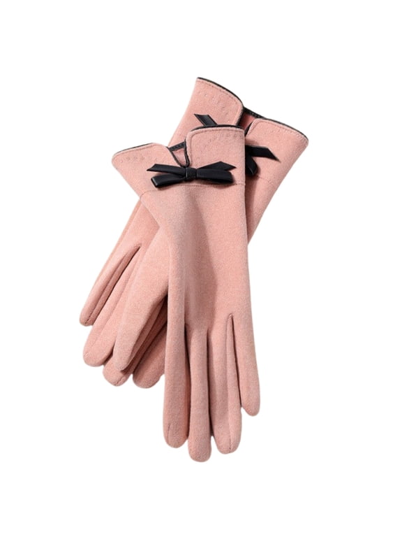 Womens Winter Thermal Gloves Thicken Warm Stylish Comfy Cozy Solid Color Outdoor Glove With Cute Bow (Free Size, Pink)