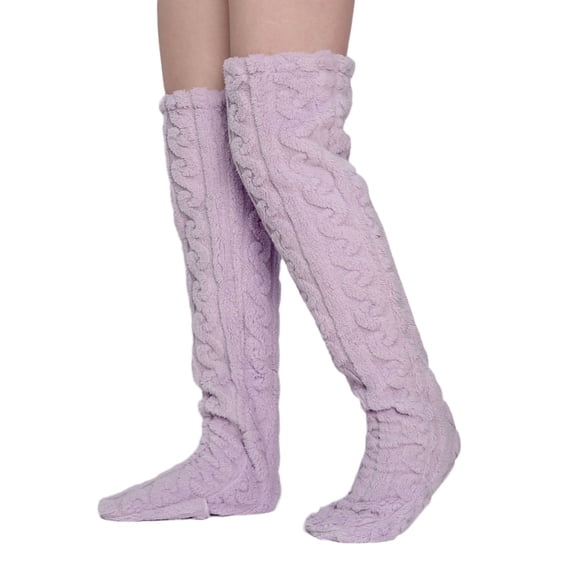 Womens Winter Thick Fleece Fuzzy Thigh High Slipper Socks Solid Color Furry Cable Pattern Over Knee Stockings Leg Warmer