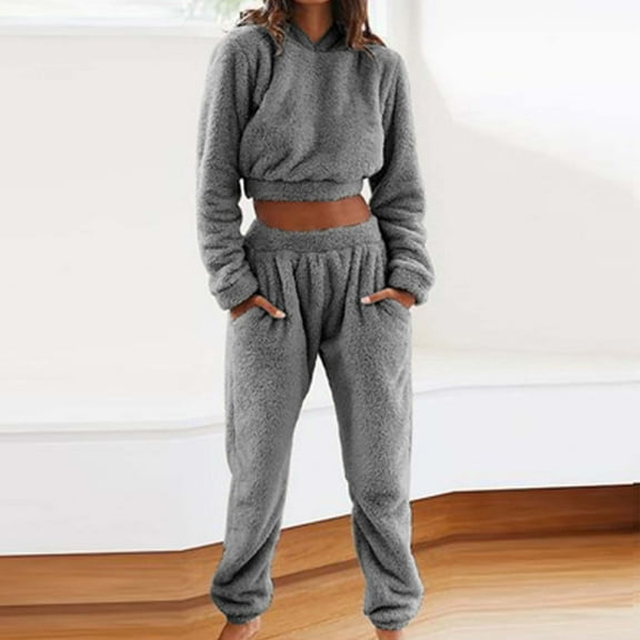 Womens Winter Thick Fleece Hooded Loungewear Set Cropped Tops Jogger Pants Fuzzy Home Clothes Casual Warm Sleepwear Outfits Gray XXL