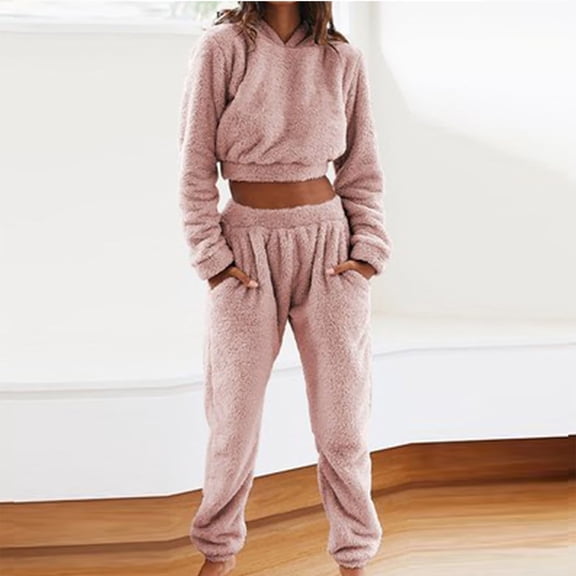Womens Winter Thick Fleece Hooded Loungewear Set Cropped Tops Jogger Pants Fuzzy Home Clothes Casual Warm Sleepwear Outfits XL
