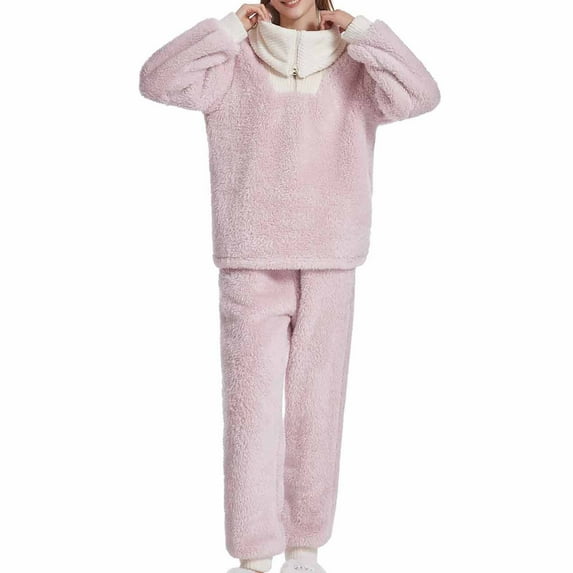 Womens Winter Thick Fleece Sherpa Pajamas Fluffy Pajamas Set Soft Warm Pullover Pants Loose Sleepwear Loungewear Set