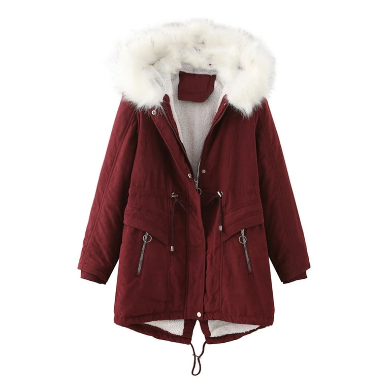 Womens Winter Thicken Fleece Lined Parkas Coats Fuzzy Hooded Warm