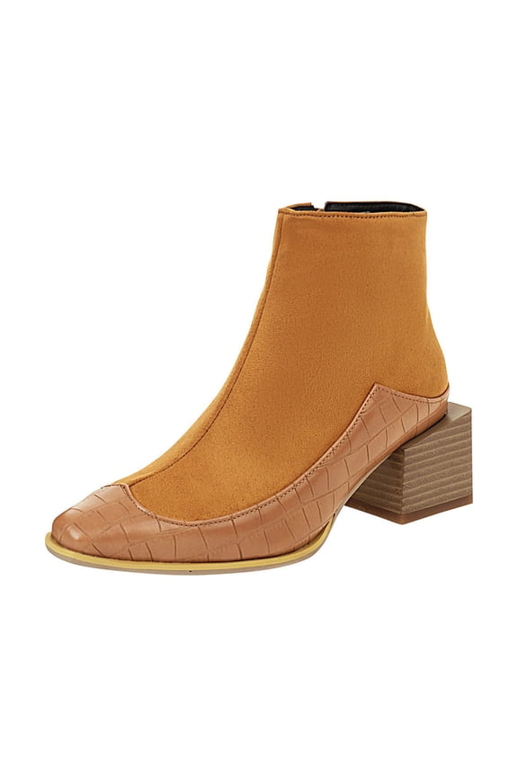 Womens Winter Toe Serpentine Leather Stitching High Heel Zipper Ankle Boots Summer Winter Cowboy Boots Shoes Western Trendy Rain Snow Weather Hiking Work Boot