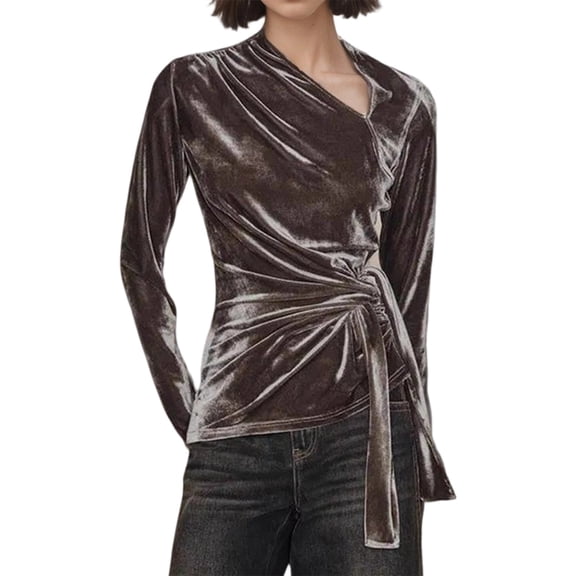Womens Winter Velvet Long Sleeve Tie-Front Casual Tops Shirts Dark Brown M