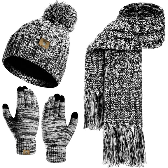 Womens Winter Warm Beanie Hat Touchscreen Gloves Lone Neck Scarf Set with Fleece Lined Pom Skull Cap Gift for Women 3PCS