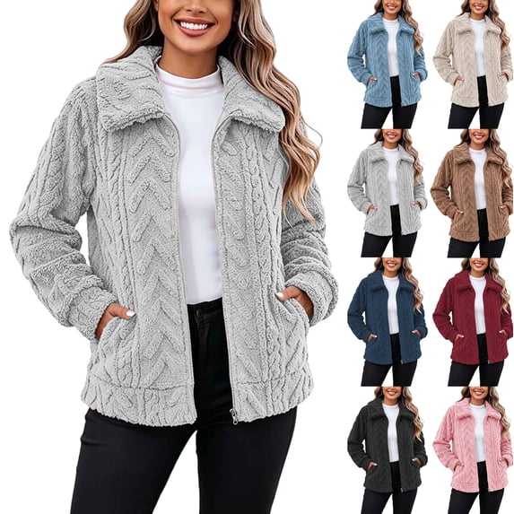 Womens Winter Warm Coats Full Zip Long Sleeve Double-sided Velvet Short Fleece Jacket Loose Outerwear With Pockets