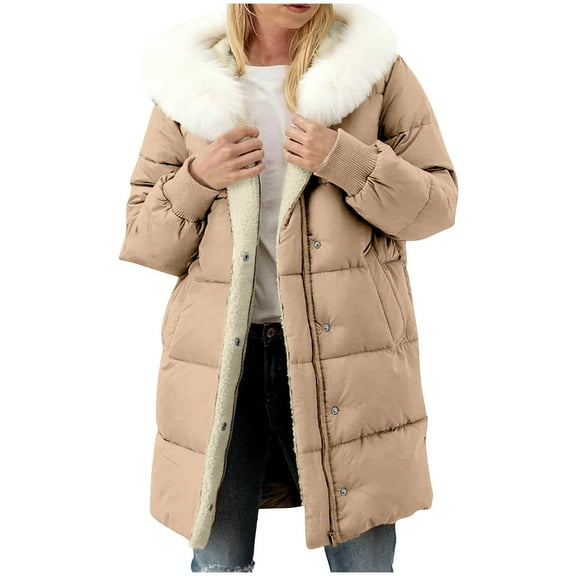 Womens Winter Warm Coats Heavyweight Long Puffer Jackets Fleece Lined Faux Fur Trim Hooded Thick Warm Parka Jackets (L, Khaki)