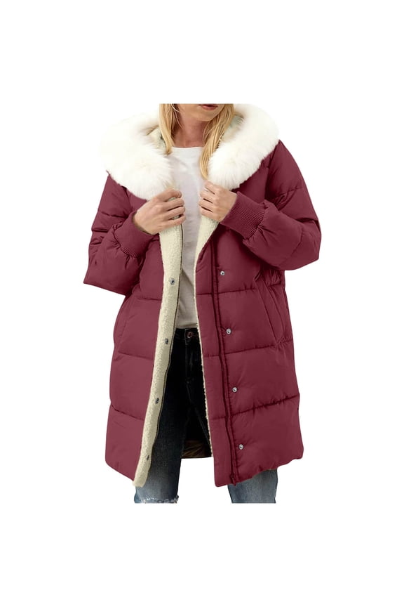 Womens Winter Warm Coats Heavyweight Long Puffer Jackets Fleece Lined Faux Fur Trim Hooded Thick Warm Parka Jackets (L, Wine)