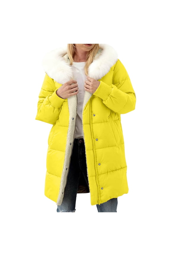 Womens Winter Warm Coats Heavyweight Long Puffer Jackets Fleece Lined Faux Fur Trim Hooded Thick Warm Parka Jackets (S, Yellow)