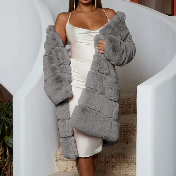 Womens Winter Warm Coats,Long Sleeve Solid Fuzzy Fleece Jackets,Open Front Hooded Cardigans Jacket,Oversized Furry Faux Long Outerwear Gray L